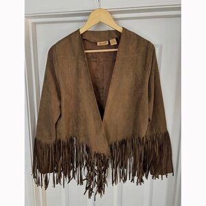 Wrangler Faux Suede Open Front Brown Jacket Womens Size Medium Fringe Coachella